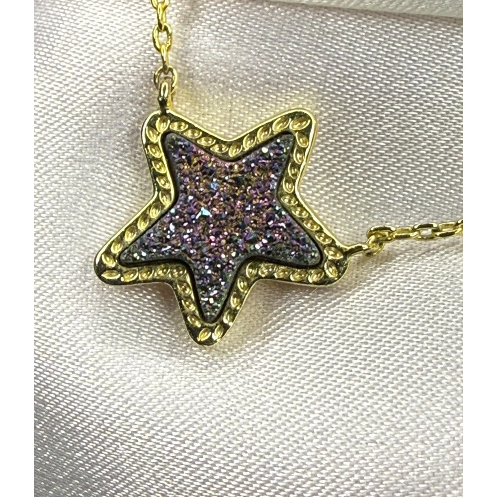 Kendra Scott Jae Star Pendant Necklace Iridescent Druzy Gold Plated 15-17"